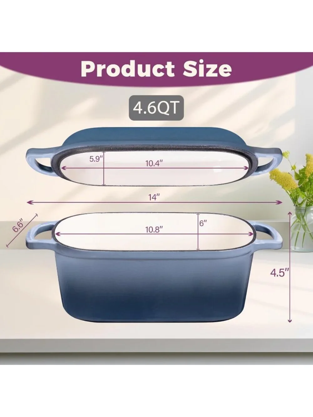 4.6-Quart Seasalt Oval Dutch Oven for Bread Baking 2 in 1 Enameled Cast Iron Pan